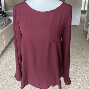 LOFT EUC Pocket Blouse with Tab Sleeves Burgundy S